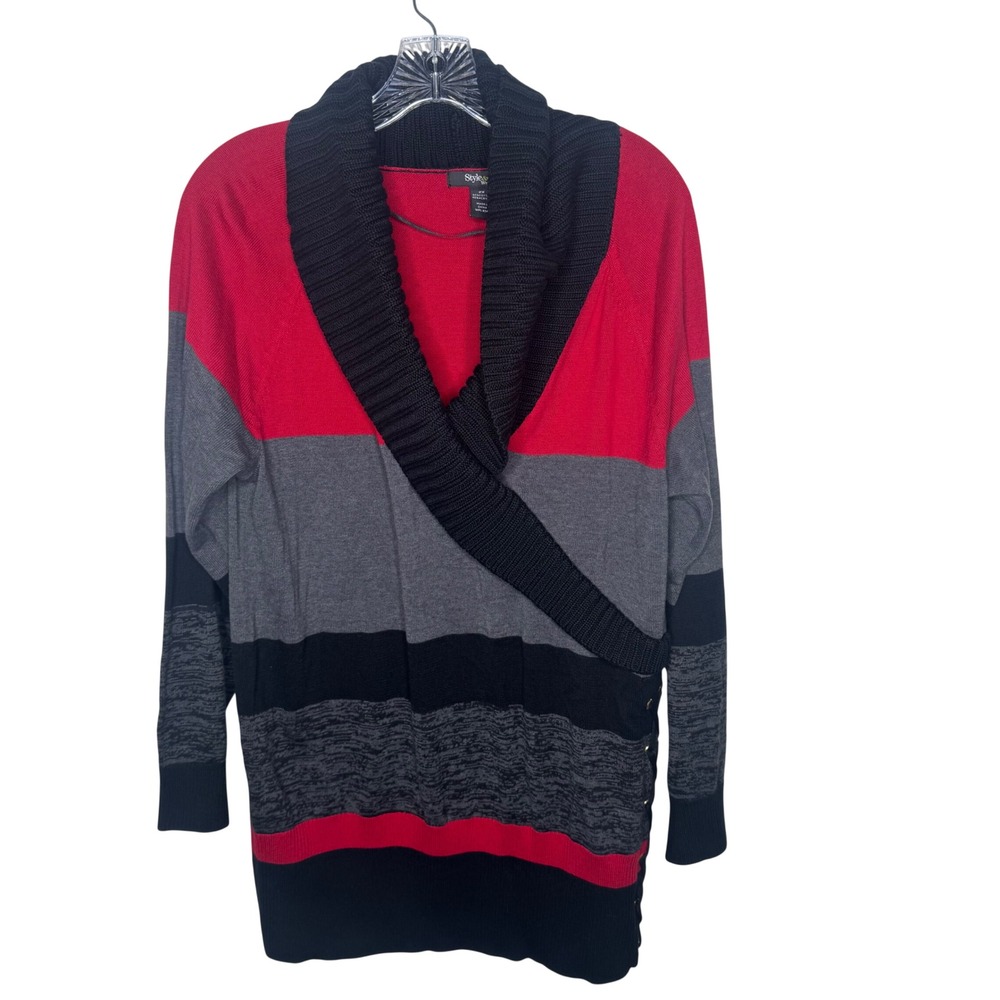 Style Co. Women 2X Colorblock Shawl Collar Sweater Lace Up Detail Red Gray Black